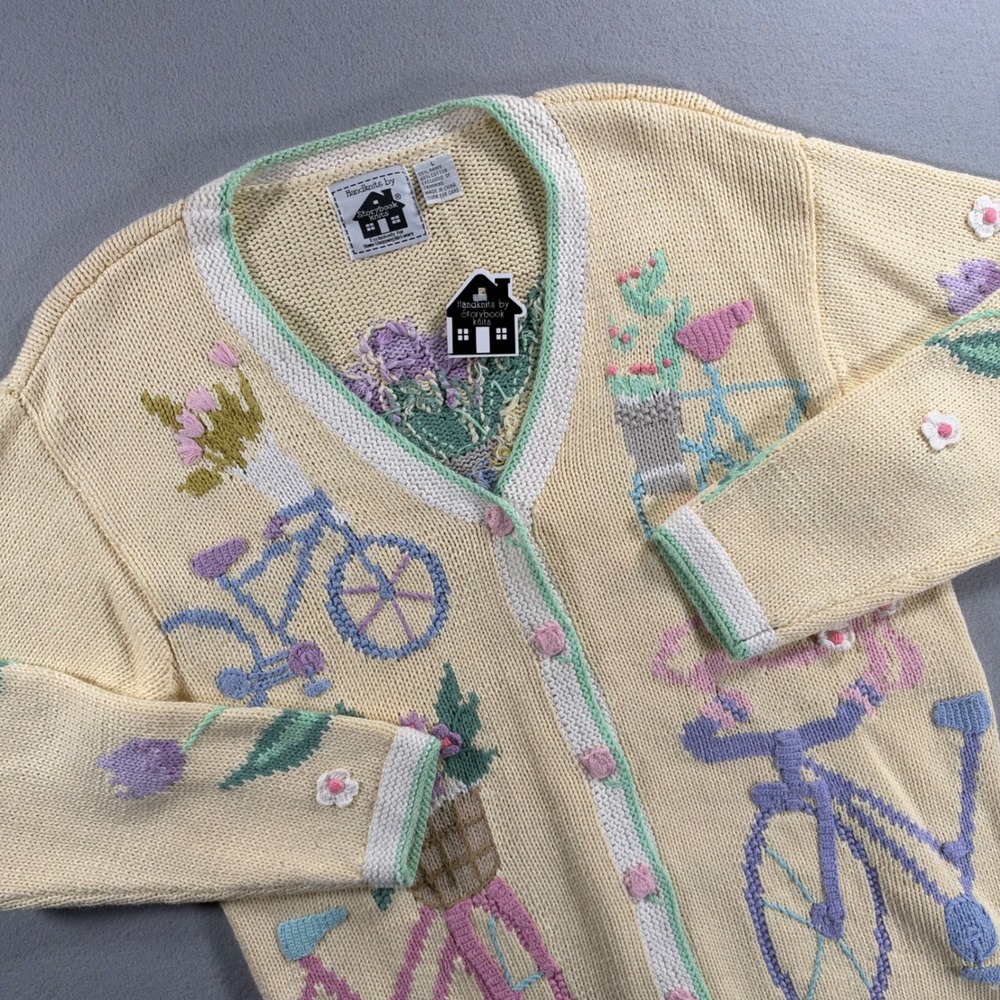 NWT Storybook Knits Bicycle Floral Handknit Cardigan Sweater L